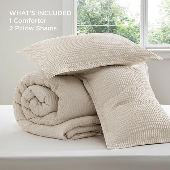 Waffle Comforter Set Queen, Beige Soft Cotton Bedding Set, Waffle Weave Bed Set, 3 Pieces, 1 Comforter (90"x90") and 2 Pillow Shams, Premium Cotton Cover with Polyester Fill, Gift for Grandma