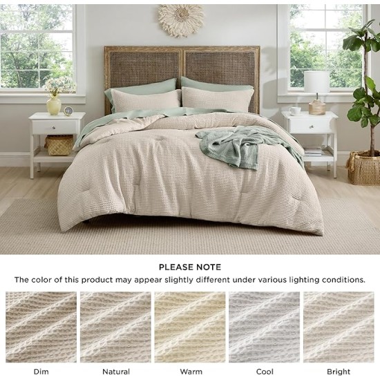 Waffle Comforter Set Queen, Beige Soft Cotton Bedding Set, Waffle Weave Bed Set, 3 Pieces, 1 Comforter (90"x90") and 2 Pillow Shams, Premium Cotton Cover with Polyester Fill, Gift for Grandma