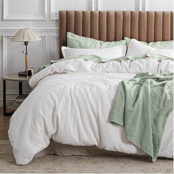 Waffle Comforter Set Queen, White Soft Cotton Bedding Set for All Seasons, Waffle Weave Bed Set, 3 Pieces, 1 Comforter (90"x90") and 2 Pillow Shams, Premium Cotton Cover with Polyester Fill