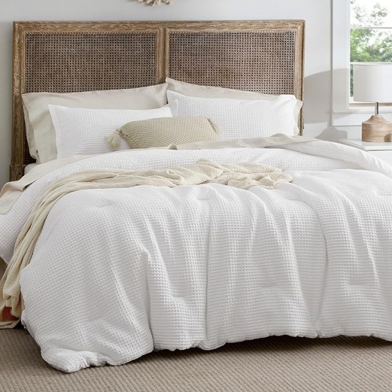 Waffle Comforter Set Queen, White Soft Cotton Bedding Set for All Seasons, Waffle Weave Bed Set, 3 Pieces, 1 Comforter (90"x90") and 2 Pillow Shams, Premium Cotton Cover with Polyester Fill