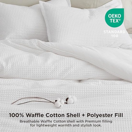 Waffle Comforter Set Queen, White Soft Cotton Bedding Set for All Seasons, Waffle Weave Bed Set, 3 Pieces, 1 Comforter (90"x90") and 2 Pillow Shams, Premium Cotton Cover with Polyester Fill