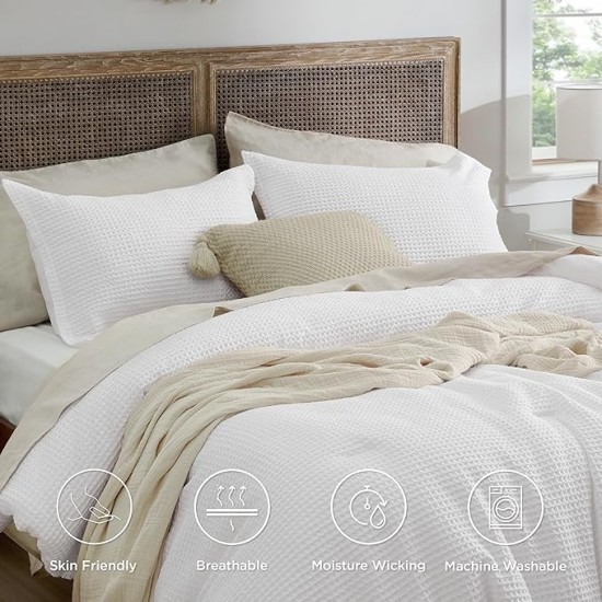 Waffle Comforter Set Queen, White Soft Cotton Bedding Set for All Seasons, Waffle Weave Bed Set, 3 Pieces, 1 Comforter (90"x90") and 2 Pillow Shams, Premium Cotton Cover with Polyester Fill