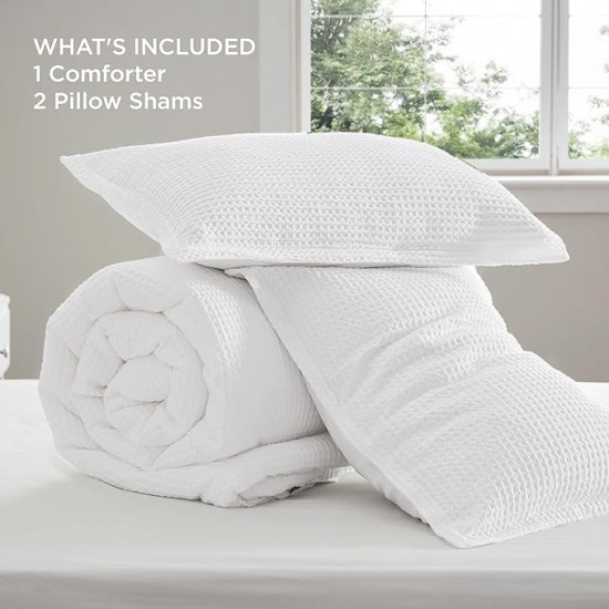 Waffle Comforter Set Queen, White Soft Cotton Bedding Set for All Seasons, Waffle Weave Bed Set, 3 Pieces, 1 Comforter (90"x90") and 2 Pillow Shams, Premium Cotton Cover with Polyester Fill