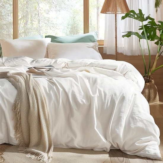 100% Muslin Cotton Duvet Cover King Size - Ultra-Soft, Breathable & Lightweight - Linen Like Gauze Comforter Cover Set with Zipper Closure and Corner Ties (White, King, 104"x90")