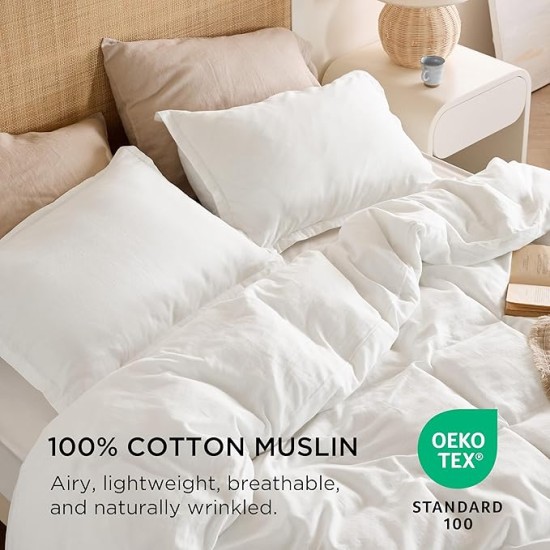 100% Muslin Cotton Duvet Cover King Size - Ultra-Soft, Breathable & Lightweight - Linen Like Gauze Comforter Cover Set with Zipper Closure and Corner Ties (White, King, 104"x90")