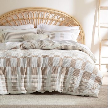 100% Muslin Cotton Duvet Cover Queen Size - Ultra-Soft, Breathable & Lightweight - Linen Like Gauze Comforter Cover Set with Zipper Closure and Corner Ties (Checkered Striped Camel)