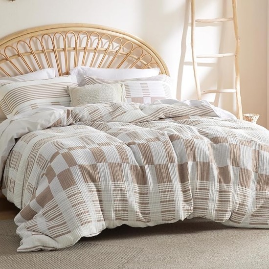 100% Muslin Cotton Duvet Cover Queen Size - Ultra-Soft, Breathable & Lightweight - Linen Like Gauze Comforter Cover Set with Zipper Closure and Corner Ties (Checkered Striped Camel)
