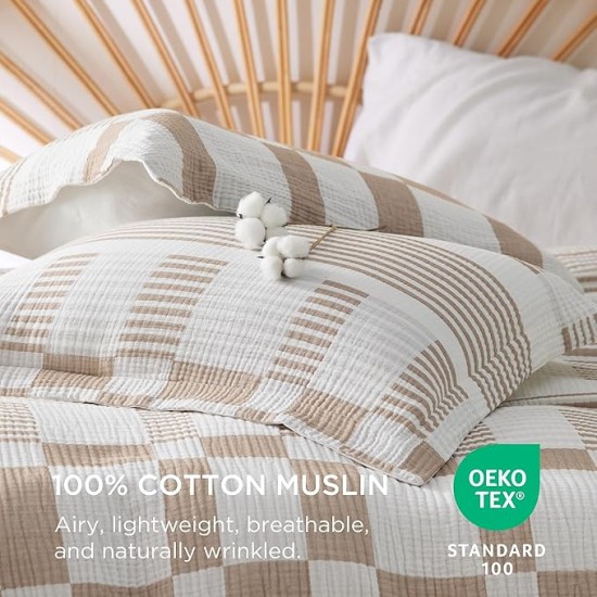 100% Muslin Cotton Duvet Cover Queen Size - Ultra-Soft, Breathable & Lightweight - Linen Like Gauze Comforter Cover Set with Zipper Closure and Corner Ties (Checkered Striped Camel)