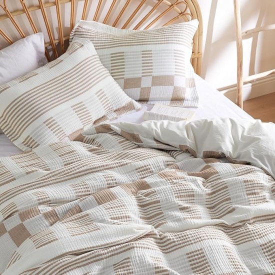 100% Muslin Cotton Duvet Cover Queen Size - Ultra-Soft, Breathable & Lightweight - Linen Like Gauze Comforter Cover Set with Zipper Closure and Corner Ties (Checkered Striped Camel)