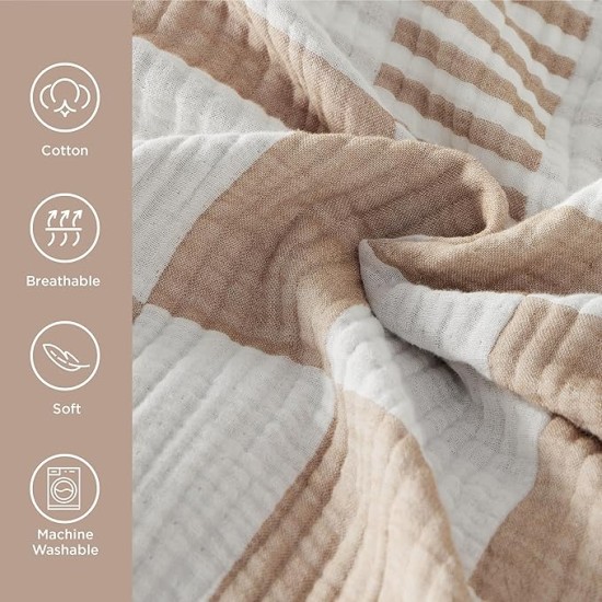 100% Muslin Cotton Duvet Cover Queen Size - Ultra-Soft, Breathable & Lightweight - Linen Like Gauze Comforter Cover Set with Zipper Closure and Corner Ties (Checkered Striped Camel)
