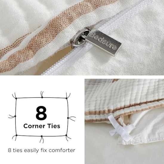 100% Muslin Cotton Duvet Cover Queen Size - Ultra-Soft, Breathable & Lightweight - Linen Like Gauze Comforter Cover Set with Zipper Closure and Corner Ties (Checkered Striped Camel)