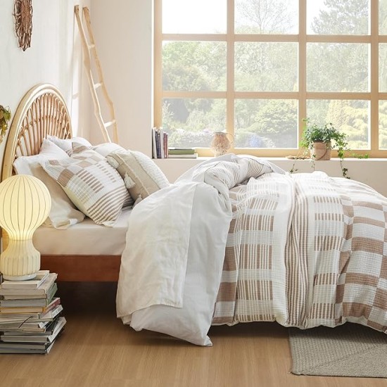 100% Muslin Cotton Duvet Cover Queen Size - Ultra-Soft, Breathable & Lightweight - Linen Like Gauze Comforter Cover Set with Zipper Closure and Corner Ties (Checkered Striped Camel)