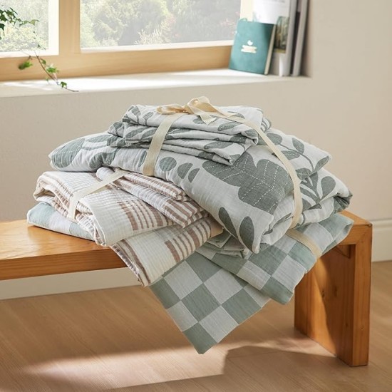 100% Muslin Cotton Duvet Cover Queen Size - Ultra-Soft, Breathable & Lightweight - Linen Like Gauze Comforter Cover Set with Zipper Closure and Corner Ties (Checkered Striped Camel)