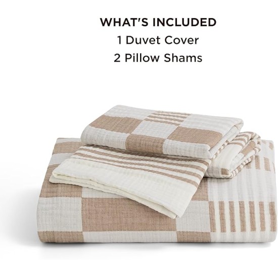 100% Muslin Cotton Duvet Cover Queen Size - Ultra-Soft, Breathable & Lightweight - Linen Like Gauze Comforter Cover Set with Zipper Closure and Corner Ties (Checkered Striped Camel)
