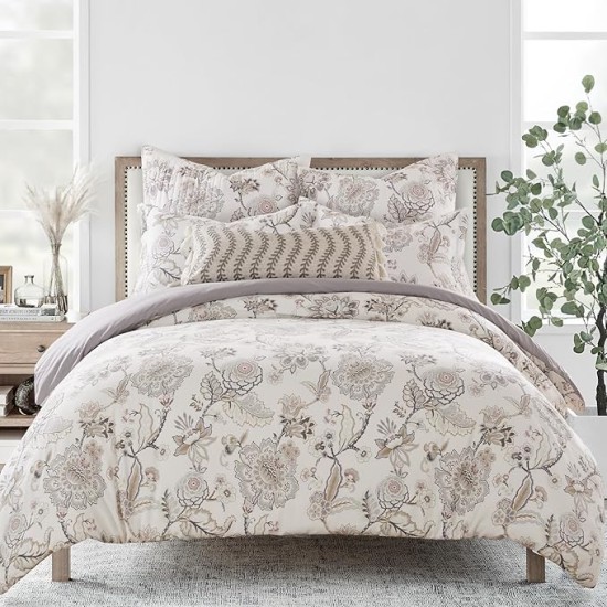 Ophelia Blush Duvet Cover Set - King Duvet Cover + Two King Pillow Cases - Floral - Taupe Grey Cream Blush - Duvet Cover (106 x 94in.) and Pillow Case (36 x 20in.) - Rayon