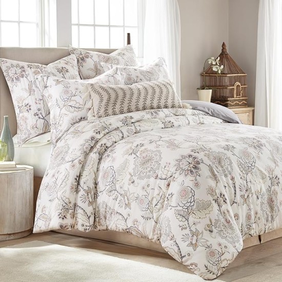 Ophelia Blush Duvet Cover Set - King Duvet Cover + Two King Pillow Cases - Floral - Taupe Grey Cream Blush - Duvet Cover (106 x 94in.) and Pillow Case (36 x 20in.) - Rayon