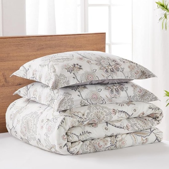 Ophelia Blush Duvet Cover Set - King Duvet Cover + Two King Pillow Cases - Floral - Taupe Grey Cream Blush - Duvet Cover (106 x 94in.) and Pillow Case (36 x 20in.) - Rayon