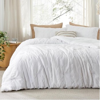Queen Size Comforter Set White, Boho Tufted Bedding Comforter Set, Farmhouse Jacquard Cable Knit Pattern Bed Set, 3 Pieces, 1 Shabby Chic Fluffy Comforter & 2 Pillow Shams