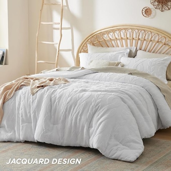 Queen Size Comforter Set White, Boho Tufted Bedding Comforter Set, Farmhouse Jacquard Cable Knit Pattern Bed Set, 3 Pieces, 1 Shabby Chic Fluffy Comforter & 2 Pillow Shams