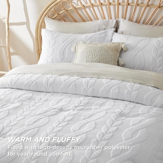 Queen Size Comforter Set White, Boho Tufted Bedding Comforter Set, Farmhouse Jacquard Cable Knit Pattern Bed Set, 3 Pieces, 1 Shabby Chic Fluffy Comforter & 2 Pillow Shams