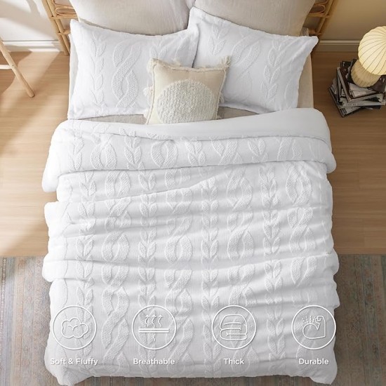 Queen Size Comforter Set White, Boho Tufted Bedding Comforter Set, Farmhouse Jacquard Cable Knit Pattern Bed Set, 3 Pieces, 1 Shabby Chic Fluffy Comforter & 2 Pillow Shams