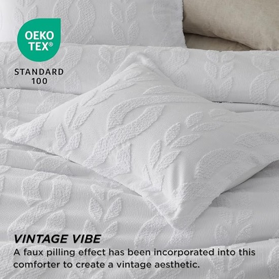 Queen Size Comforter Set White, Boho Tufted Bedding Comforter Set, Farmhouse Jacquard Cable Knit Pattern Bed Set, 3 Pieces, 1 Shabby Chic Fluffy Comforter & 2 Pillow Shams