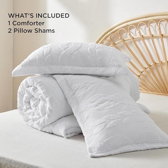 Queen Size Comforter Set White, Boho Tufted Bedding Comforter Set, Farmhouse Jacquard Cable Knit Pattern Bed Set, 3 Pieces, 1 Shabby Chic Fluffy Comforter & 2 Pillow Shams