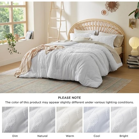 Queen Size Comforter Set White, Boho Tufted Bedding Comforter Set, Farmhouse Jacquard Cable Knit Pattern Bed Set, 3 Pieces, 1 Shabby Chic Fluffy Comforter & 2 Pillow Shams