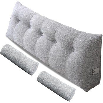 Large Triangular Headboard Pillow with Head Roll Pillow, Backrest Positioning Support Bed Bolster Rest Reading Pillow with Removable Cover (Grey, Queen:59x8x20 Inches)