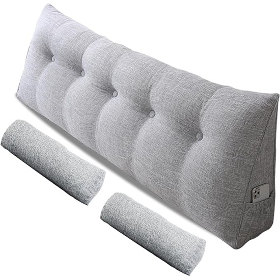 Large Triangular Headboard Pillow with Head Roll Pillow, Backrest Positioning Support Bed Bolster Rest Reading Pillow with Removable Cover (Grey, Queen:59x8x20 Inches)