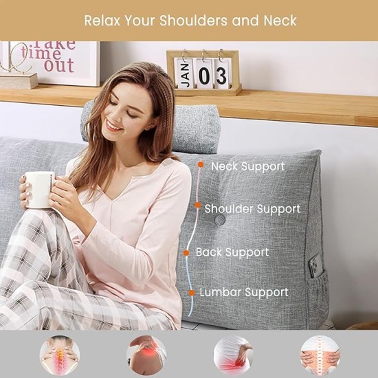 Large Triangular Headboard Pillow with Head Roll Pillow, Backrest Positioning Support Bed Bolster Rest Reading Pillow with Removable Cover (Grey, Queen:59x8x20 Inches)