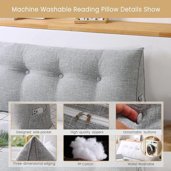Large Triangular Headboard Pillow with Head Roll Pillow, Backrest Positioning Support Bed Bolster Rest Reading Pillow with Removable Cover (Grey, Queen:59x8x20 Inches)