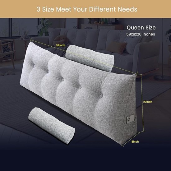 Large Triangular Headboard Pillow with Head Roll Pillow, Backrest Positioning Support Bed Bolster Rest Reading Pillow with Removable Cover (Grey, Queen:59x8x20 Inches)