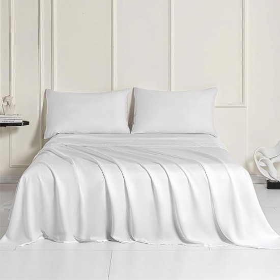 100% Tencel Lyocell Queen Sheet Set - 4 Pieces, Extra Soft and Cooling Bed Sheet Set Derived from Eucalyptus, White - with 2 Pillowcases & 1 Deep Pocket Fitted Sheet