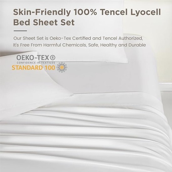 100% Tencel Lyocell Queen Sheet Set - 4 Pieces, Extra Soft and Cooling Bed Sheet Set Derived from Eucalyptus, White - with 2 Pillowcases & 1 Deep Pocket Fitted Sheet
