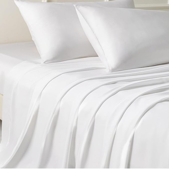 100% Tencel Lyocell Queen Sheet Set - 4 Pieces, Extra Soft and Cooling Bed Sheet Set Derived from Eucalyptus, White - with 2 Pillowcases & 1 Deep Pocket Fitted Sheet