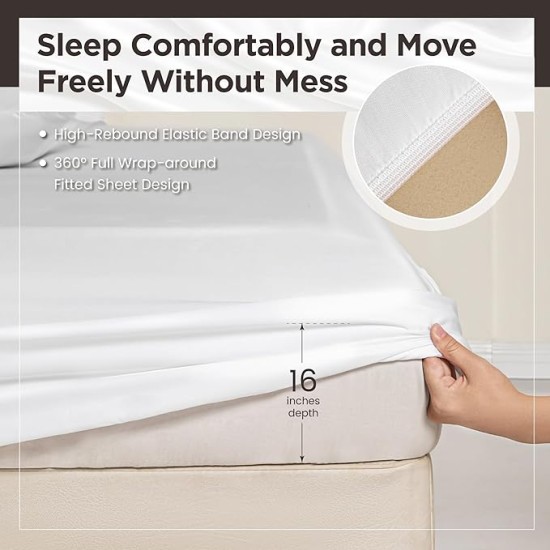100% Tencel Lyocell Queen Sheet Set - 4 Pieces, Extra Soft and Cooling Bed Sheet Set Derived from Eucalyptus, White - with 2 Pillowcases & 1 Deep Pocket Fitted Sheet