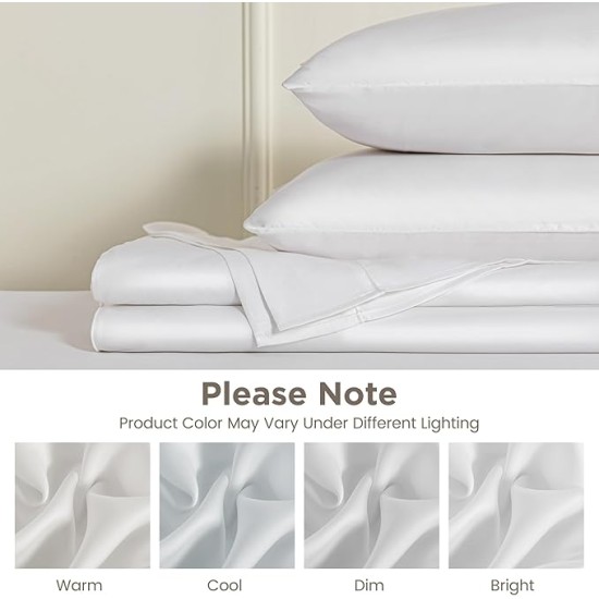 100% Tencel Lyocell Queen Sheet Set - 4 Pieces, Extra Soft and Cooling Bed Sheet Set Derived from Eucalyptus, White - with 2 Pillowcases & 1 Deep Pocket Fitted Sheet