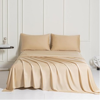 100% Tencel Lyocell Queen Sheet Set - 4 Pieces, Extra Soft and Cooling Bed Sheet Set Derived from Eucalyptus, Champagne - with 2 Pillowcases & 1 Deep Pocket Fitted Sheet