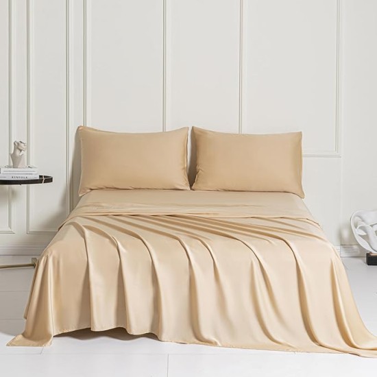 100% Tencel Lyocell Queen Sheet Set - 4 Pieces, Extra Soft and Cooling Bed Sheet Set Derived from Eucalyptus, Champagne - with 2 Pillowcases & 1 Deep Pocket Fitted Sheet