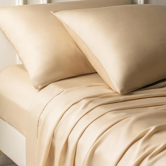 100% Tencel Lyocell Queen Sheet Set - 4 Pieces, Extra Soft and Cooling Bed Sheet Set Derived from Eucalyptus, Champagne - with 2 Pillowcases & 1 Deep Pocket Fitted Sheet