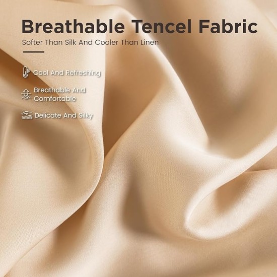 100% Tencel Lyocell Queen Sheet Set - 4 Pieces, Extra Soft and Cooling Bed Sheet Set Derived from Eucalyptus, Champagne - with 2 Pillowcases & 1 Deep Pocket Fitted Sheet