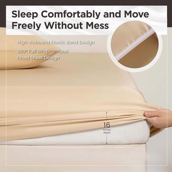 100% Tencel Lyocell Queen Sheet Set - 4 Pieces, Extra Soft and Cooling Bed Sheet Set Derived from Eucalyptus, Champagne - with 2 Pillowcases & 1 Deep Pocket Fitted Sheet