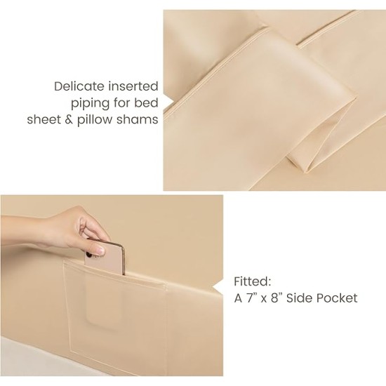 100% Tencel Lyocell Queen Sheet Set - 4 Pieces, Extra Soft and Cooling Bed Sheet Set Derived from Eucalyptus, Champagne - with 2 Pillowcases & 1 Deep Pocket Fitted Sheet