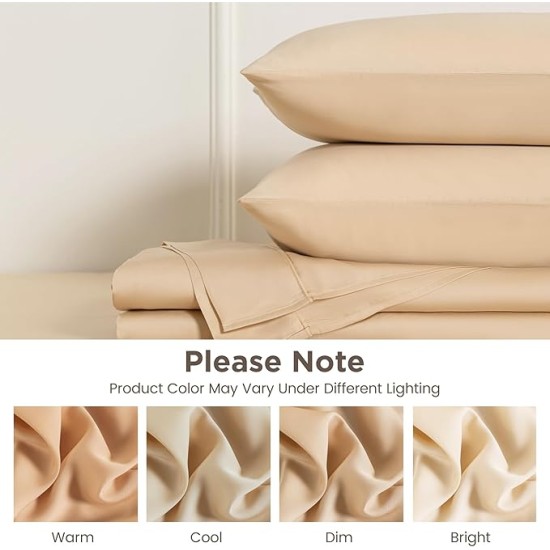 100% Tencel Lyocell Queen Sheet Set - 4 Pieces, Extra Soft and Cooling Bed Sheet Set Derived from Eucalyptus, Champagne - with 2 Pillowcases & 1 Deep Pocket Fitted Sheet