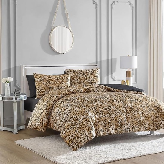 King Leopard Satin Comforter Set - Cheetah Print 3-Piece Machine Washable Reversible Animal Print Bedding Comforter and Sham Set