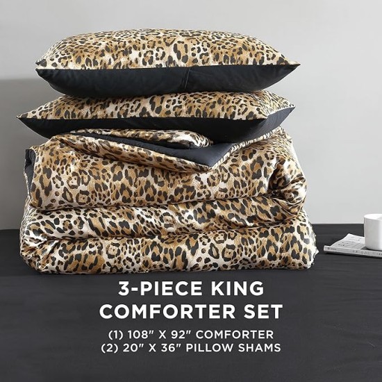 King Leopard Satin Comforter Set - Cheetah Print 3-Piece Machine Washable Reversible Animal Print Bedding Comforter and Sham Set