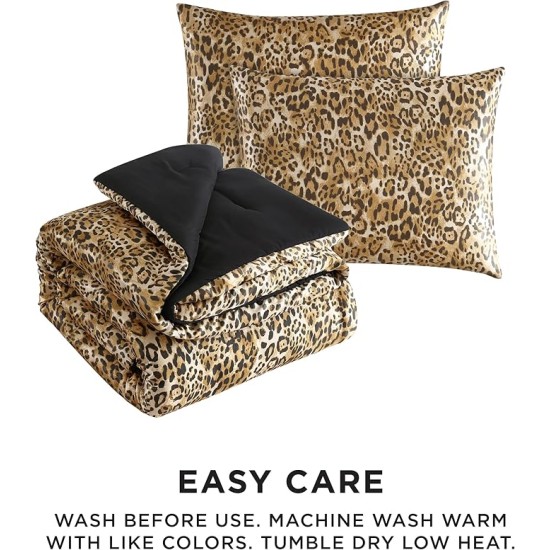 King Leopard Satin Comforter Set - Cheetah Print 3-Piece Machine Washable Reversible Animal Print Bedding Comforter and Sham Set