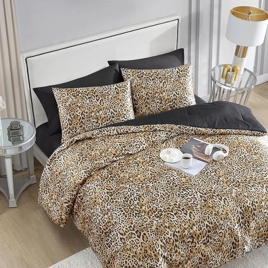 King Leopard Satin Comforter Set - Cheetah Print 3-Piece Machine Washable Reversible Animal Print Bedding Comforter and Sham Set