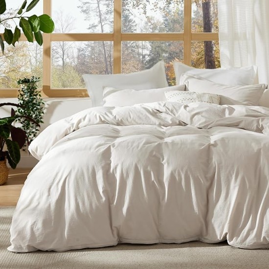 100% Stone Washed Cotton Duvet Cover Queen - Linen Grey Minimalist Cotton Duvet Cover Linen Like - 3 Pieces Plain Simple Duvet Cover Set with 2 Pillow Shams (Linen Grey, Queen, 90"x90")